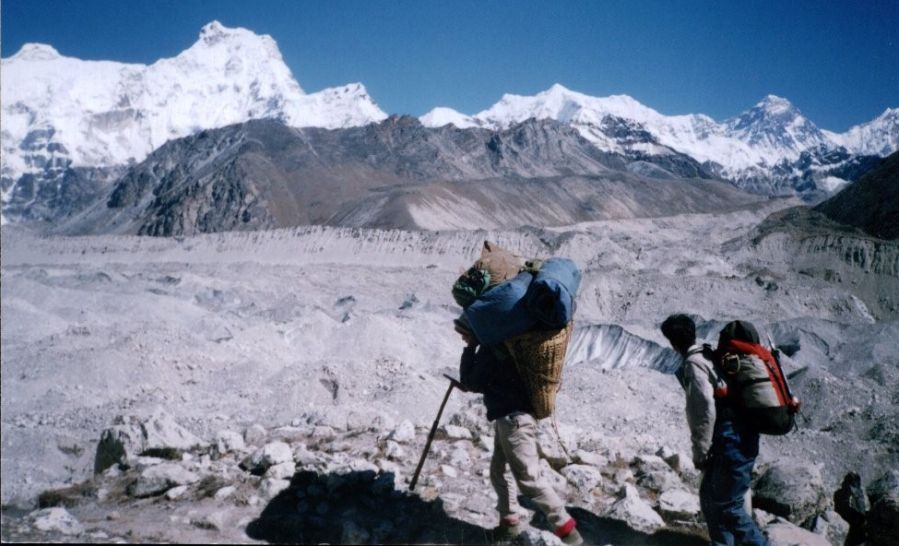 Cha Kung and Everest from Ngozumpa Glacier in Gokyo Valley