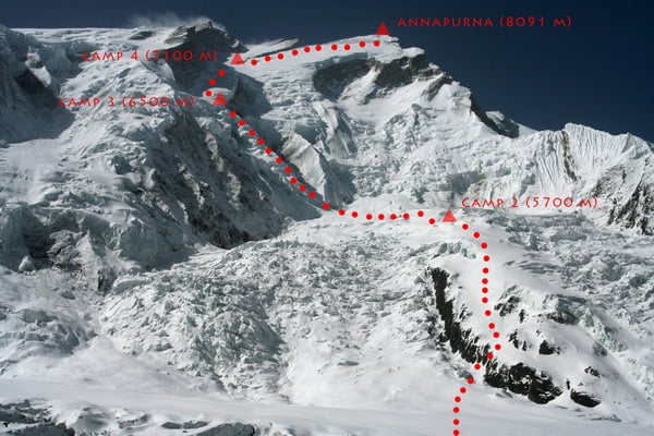 NE Ridge ascent route on Annapurna I