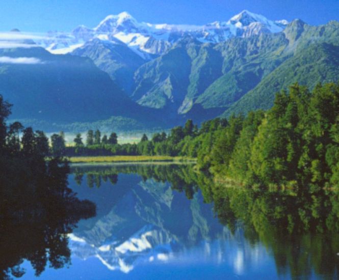 Mt. Tasman and Mt.Cook from Matheson Lake near Fox Glacier