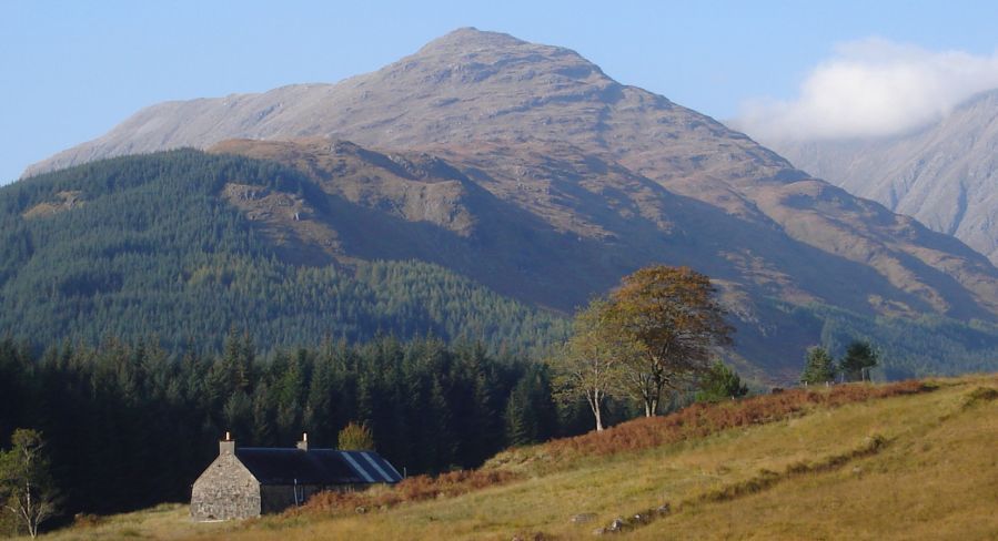 Corbett Beinn Maol Chaluim ( 2975ft ) rising above Glenceitlein Bothy at the foot of Stob Dubh