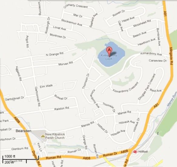 Location map for Kilmardinny Loch in Bearsden