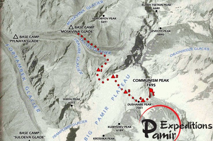 Ascent route on Peak Communism in Tadjikistan, Central Asia